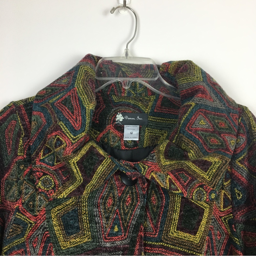 Damee Inc Mosaic Swing Coat Sz Medium Multicolor Pockets Lined Boho Artsy - Picture 4 of 14